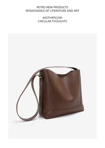 Brown leather bucket bag, large capacity shoulder crossbody tote, retro commuter underarm bag.