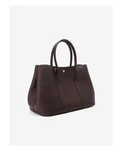 Dark brown genuine leather tote bag featuring double top handles and classic structured design.