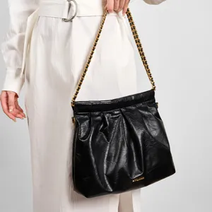 Genuine leather chain tote bag for women, large capacity pleated hobo shoulder bag.