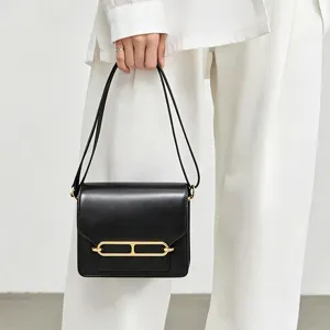 Women Genuine Leather Retro Commuter Shoulder Crossbody Bag Small Square Bag Luxury Style Flap Bag With Metal Lock Buckle