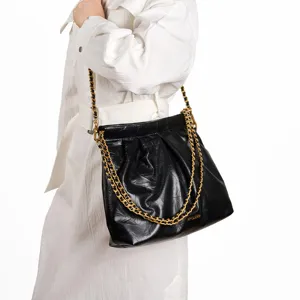 Genuine leather crinkled hobo shoulder bag for women, large capacity chain tote crossbody bag.