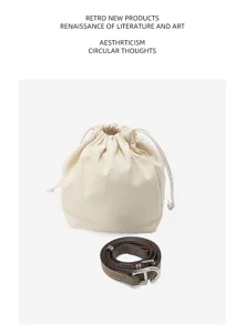 Canvas bucket bag with leather strap and metal buckle, casual retro design for daily stylish use.