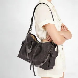 Borsa Tote da Donna in Vera Pelle Spazzolata Vintage Casual Commuter Grande Capacità Tracolla con Catena