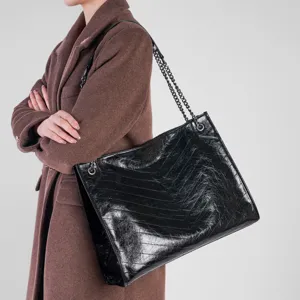 Sac Cabas en Cuir Véritable Grande Capacité Femmes Vintage Navetteur Sac à Bandoulière Chaîne Matelassé Sac Aisselles