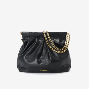 Black genuine leather pleated hobo shoulder bag with gold chain for women commuting tote