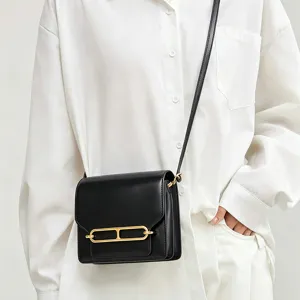 Glossy leather crossbody bag for women, chic black small square shoulder bag with metal lock.