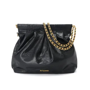 Black leather hobo bag with gathered design and gold chain strap for women commuting.