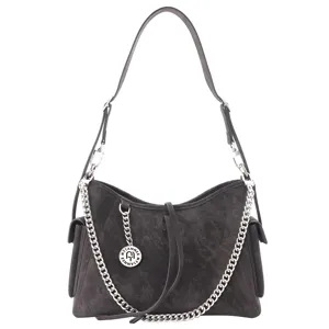 Borsa a tracolla da donna in pelle spazzolata, grande borsa elegante da lavoro con catene argentate.