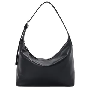 Genuine leather hobo shoulder bag for women, classic black underarm tote purse for daily commute.