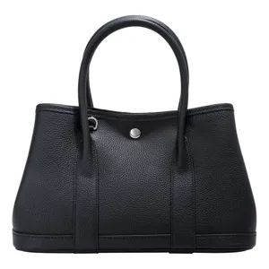 Black genuine leather tote handbag minimalist commuting shoulder bag for women daily use