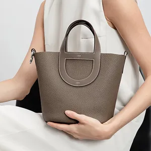 Women Genuine Leather Bucket Bag Casual Solid Color Handbag Large Capacity Tote Shoulder Bag