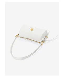 White leather cylindrical shoulder bag for women, stylish underarm baguette bag with gold hardware.
