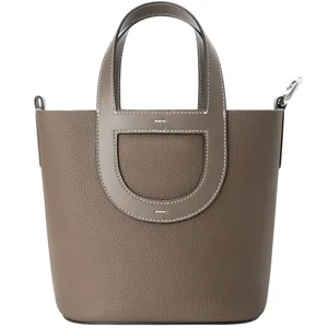 Taupe leather bucket bag women top handle crossbody handbag stylish shoulder bag large capacity