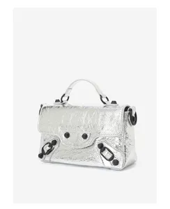 Silver metallic leather nano handbag, chic motorcycle style crossbody and shoulder bag for women.
