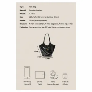 Black genuine leather bucket bag tote large capacity womens shoulder handbag with dimensions
