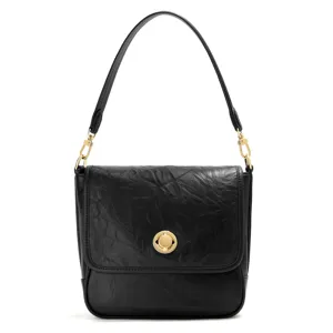 Black crinkled leather shoulder bag with gold turn-lock vintage underarm bag for women.
