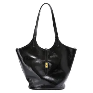 Black gloss leather tote bag large capacity shoulder handbag with gold metal lock clasp.