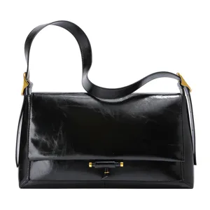 Women glossy oil wax cowhide leather shoulder bag vintage chic commuting messenger handbag