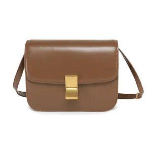 Classic brown leather box shoulder bag, elegant crossbody flap handbag with metal clasp.