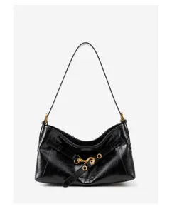 Black crinkled leather shoulder bag, chic commuter tote with metal hook and strap details.