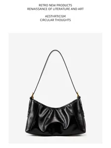 Black leather underarm shoulder bag retro style chic hobo purse for daily commuting.