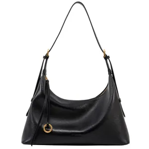 Detailed view of the minimalist black leather hobo shoulder bag, premium cowhide, gold hardware.