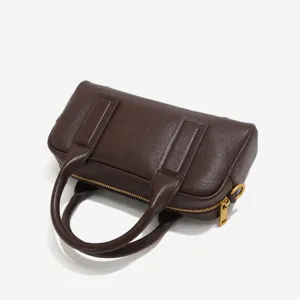 Brown genuine leather Boston bag vintage top handle bowling handbag for women everyday use.