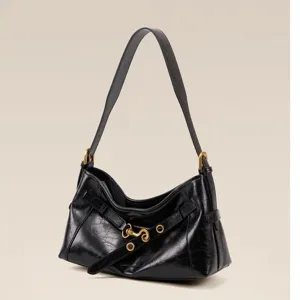 Black crinkled patent leather shoulder bag for women, chic vintage underarm bag for daily commuting.