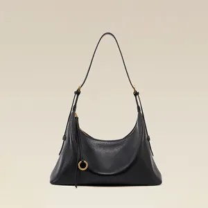 Minimalist black genuine leather shoulder bag for women, elegant hobo daily commute bag.