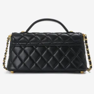 Black quilted chain crossbody bag for women, stylish top handle shoulder bag with gold hardware.