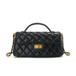 Black quilted leather handbag with top handle and gold chain strap for women chic daily style.