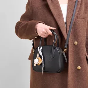 Women black leather bowling handbag stylish top handle crossbody purse with cute charms