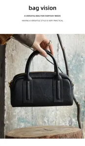 Black leather Boston bag genuine cowhide retro commuter handbag minimalist style fashion purse