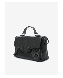 Black leather nano top-handle flap bag with distinctive motorcycle style hardware details.