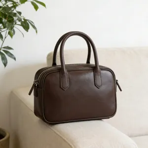 Vintage brown leather boston bag women top handle crossbody handbag commuter genuine leather
