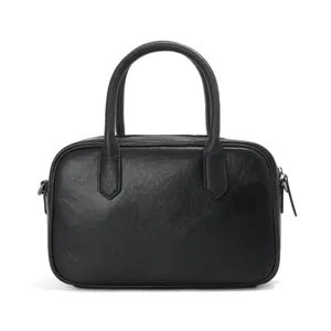 Black Genuine Leather Boston Bag Women Vintage Top Handle Handbag Crossbody Shoulder Bag