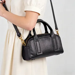 Women Genuine Leather Boston Bag Retro Commuter Top Handle Handbag Small Solid Color Crossbody Shoulder Bag