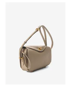 Taupe genuine leather shoulder bag, elegant crossbody handbag with metal lock and multi-compartment.