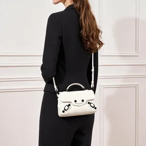 White leather nano motorcycle crossbody bag for women, top handle fashion shoulder bag.