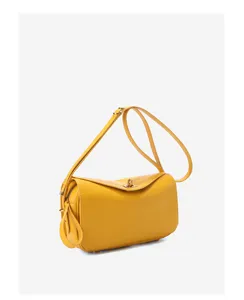 Yellow genuine leather Boston pillow shoulder bag detail view, chic daily commuting style.
