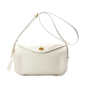 Premium white leather shoulder bag for women, elegant crossbody bag with stylish metal lock.