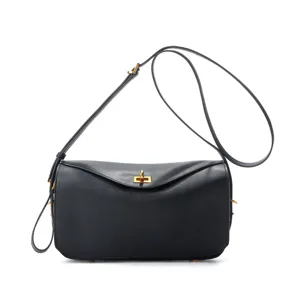 Black leather shoulder bag for women, stylish crossbody handbag with spacious commuter design.
