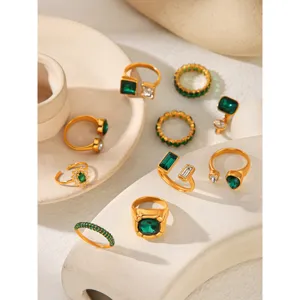 Ensemble de bagues ouvertes en zirconium émeraude vintage, bijoux en acier inoxydable plaqué or
