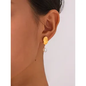 Chic irregular gold metal stud earrings with natural baroque pearl drop for women stylish jewelry