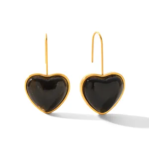 Elegant stainless steel black heart dangle earrings, stylish minimalist design, fashion accessory.