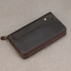 Vintage Men Top Layer Cowhide Leather Clutch Bag Long Zip Around Wallet For Business Travel 9100 Retro Purse Card Holder