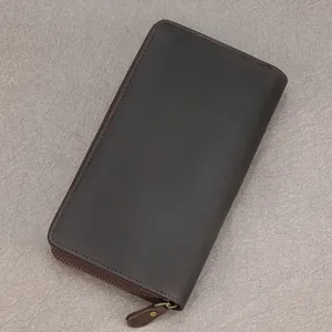 Genuine leather men's long wallet detail, retro style zip-around clutch with multiple card slots.
