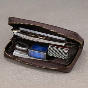 Men Vintage Genuine Leather Long Wallet Double Zipper Large Capacity Clutch Phone Bag