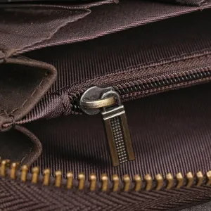 Leather wallet interior detail showcasing high quality zipper and multi card slots storage.