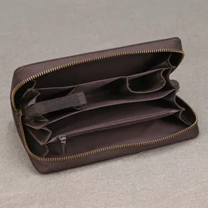 Men genuine leather long wallet clutch multi card slot double zipper business casual dark brown